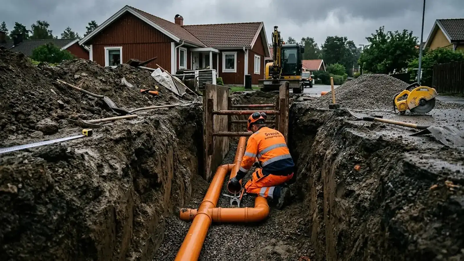 Arbetare i orange varselkläder lägger orange avloppsrör i en schaktad ledningsgrav på en villatomt i Karlstad, med hus och grävmaskin i bakgrunden.